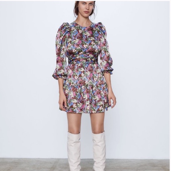Zara Dresses & Skirts - Zara Floral Print Mini Dress with Puff Sleeve Size M